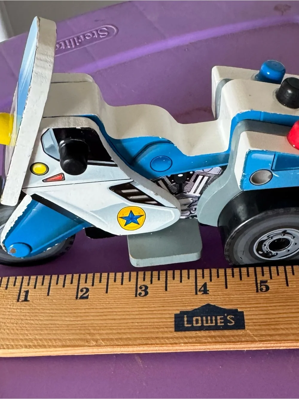 Vintage Style Wooden Police Motorcycle Toy Chunky Wood Vehicle
